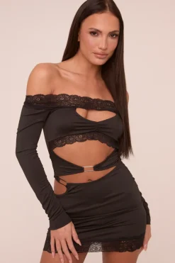 Rebellious Fashion Black Lace Trim Bardot Cut Out Detail Long Sleeves Mini Dress - Nela