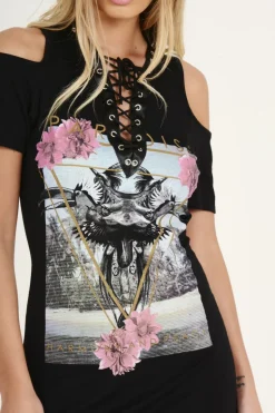 Rebellious Fashion Black Lace Up Cut Shoulder Slogan T-shirt Dress - Afi