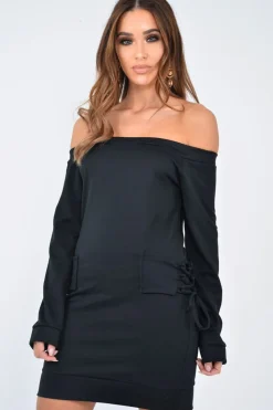 Rebellious Fashion Black Lace Up Detail Bardot Jumper Dress - Aarna
