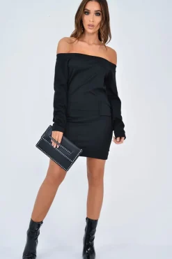 Rebellious Fashion Black Lace Up Detail Bardot Jumper Dress - Aarna
