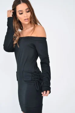 Rebellious Fashion Black Lace Up Detail Bardot Jumper Dress - Aarna