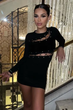 Rebellious Fashion Black Lace Up Detail Mini Dress - Tari
