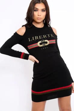Rebellious Fashion Black Liberte Slogan Jumper Dress - Lizeth