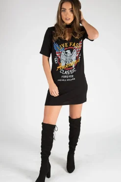 Rebellious Fashion Black Live Fast Choker Neck T-shirt Dress - Chloe