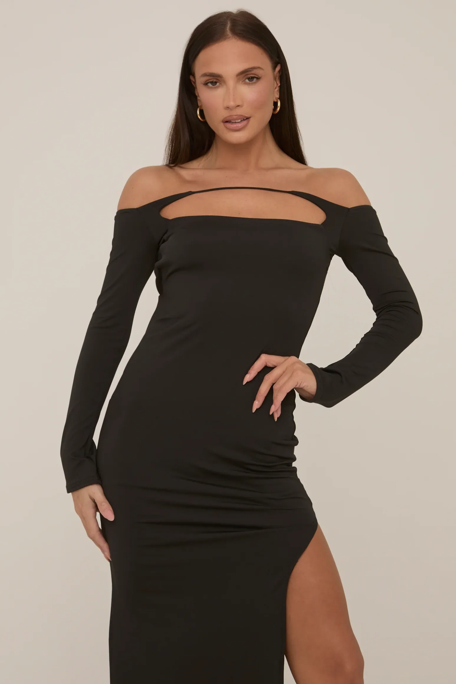 Rebellious Fashion Black Long Sleeve Cut Out Maxi Dress - Coco
