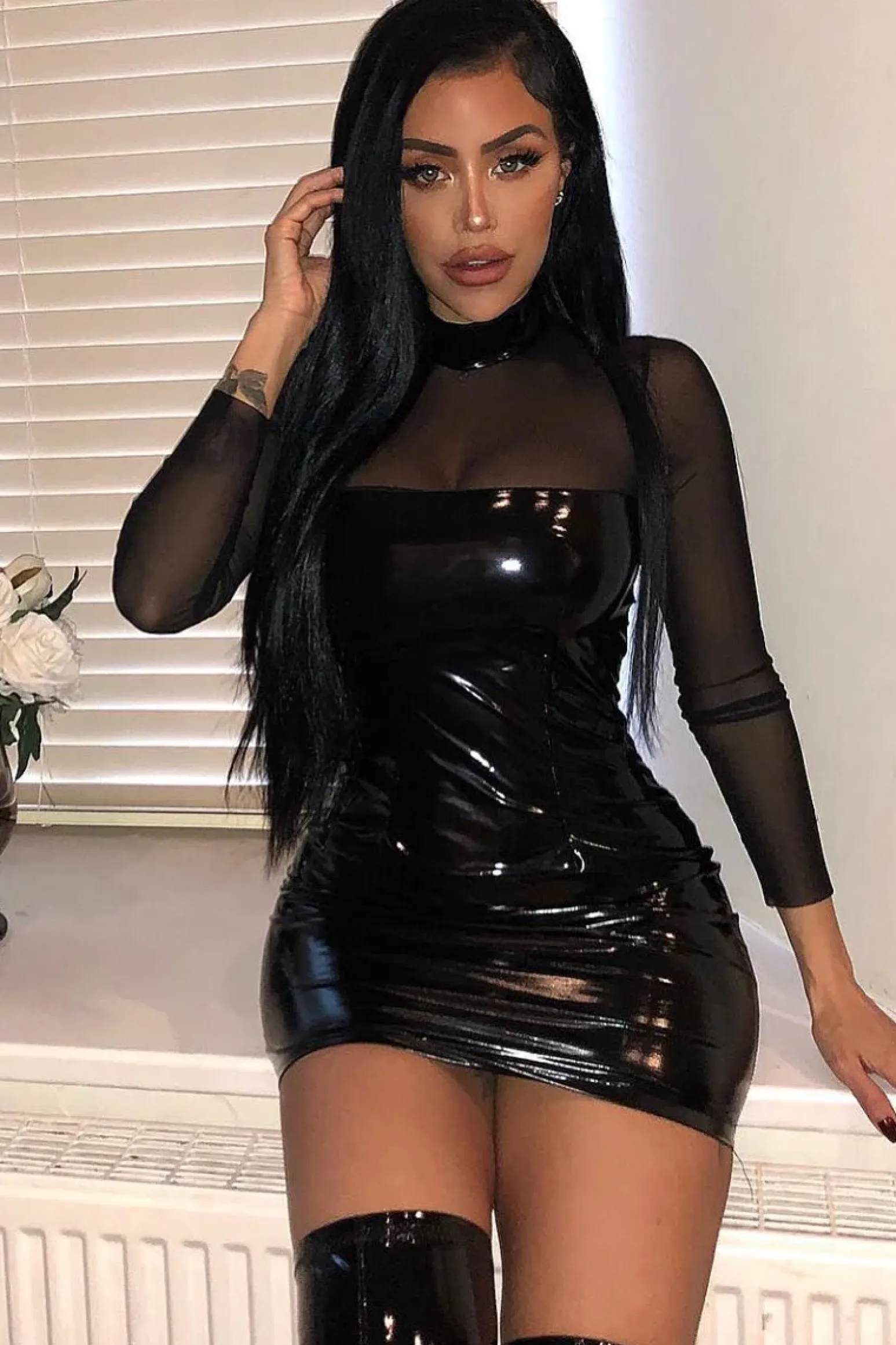 Rebellious Fashion Black Long Sleeve Mesh Insert Vinyl Dress - Jamera