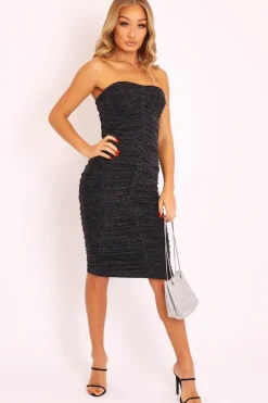 Rebellious Fashion Black Lurex Glitter Extreme Ruched Slinky Midi Bodycon Dress - Kaja