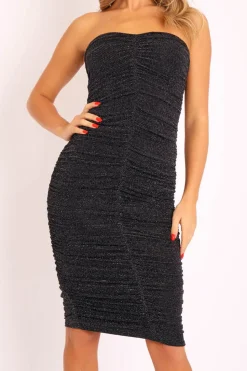 Rebellious Fashion Black Lurex Glitter Extreme Ruched Slinky Midi Bodycon Dress - Kaja