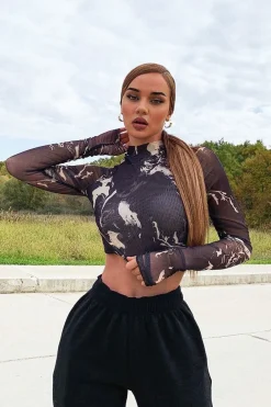 Rebellious Fashion Black Marble Ruched Inside Mesh Crop Top - Mally