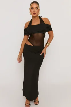 Rebellious Fashion Black Mesh Cut Out Maxi Dress - Stefaniya