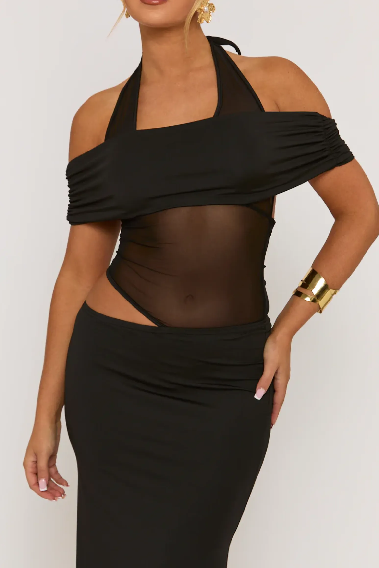 Rebellious Fashion Black Mesh Cut Out Maxi Dress - Stefaniya