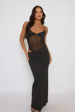 Rebellious Fashion Black Mesh Cut Out Maxi Dress - Nia