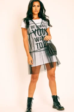 Rebellious Fashion Black Mesh Layered T-Shirt Dress - Naida