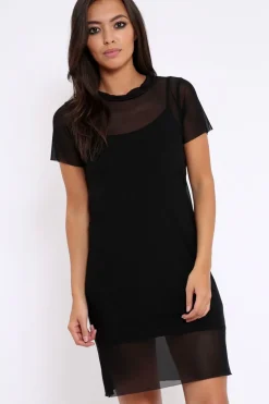 Rebellious Fashion Black Mesh Overlay T-Shirt Dress - Selena