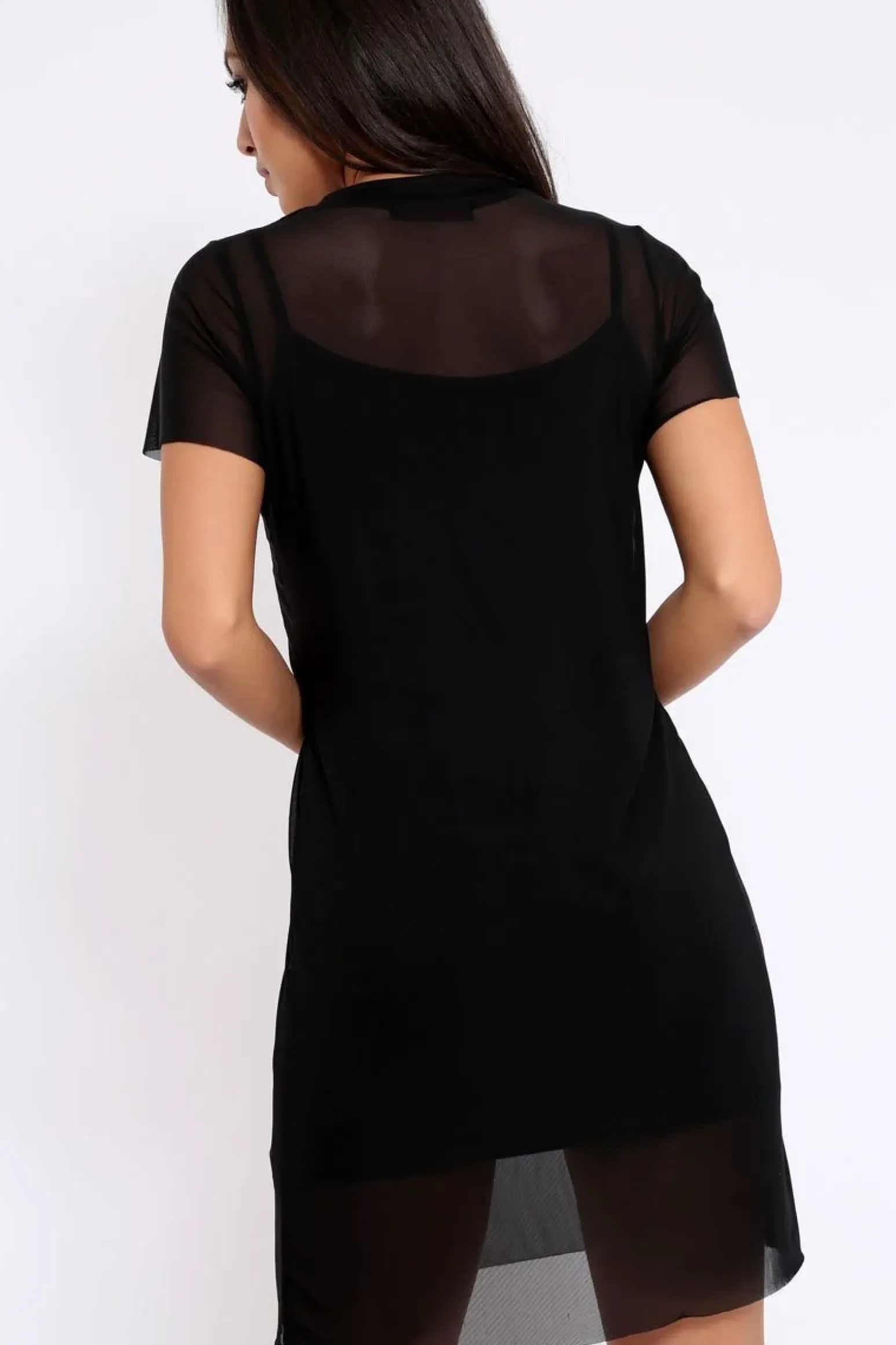 Rebellious Fashion Black Mesh Overlay T-Shirt Dress - Selena
