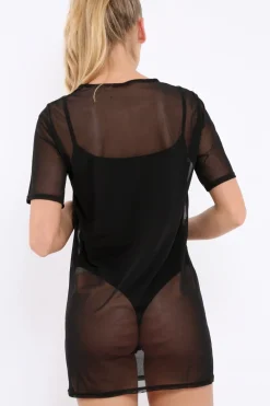 Rebellious Fashion Black Mesh 'Rock & Roll Star' Graphic T-Shirt Dress - Margot