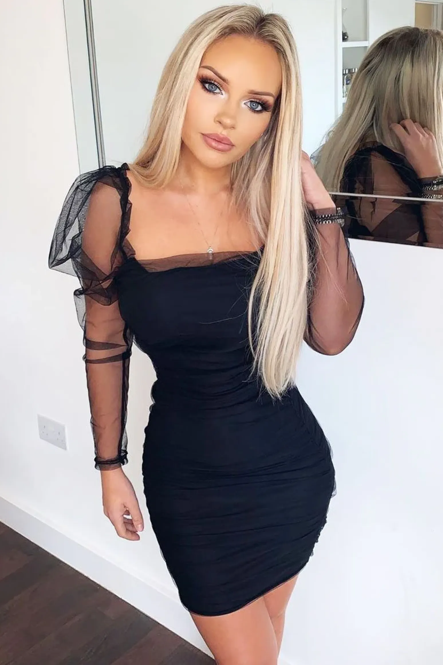Rebellious Fashion Black Mesh Ruched Long Sleeve Bodycon Dress - Edeline