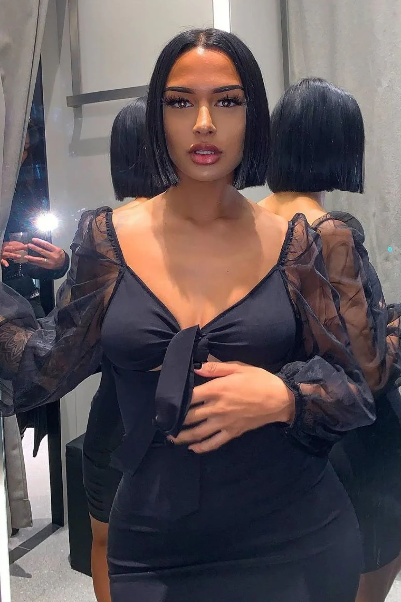 Rebellious Fashion Black Mesh Sleeves Tie Detail Cut Out Front Bodycon Dress - Graclynn