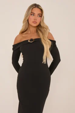 Rebellious Fashion Black Metal Trim Bardot Maxi Dress - Oriana