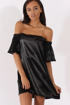 Rebellious Fashion Black Metallic Bardot Dress - Maria