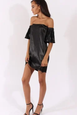Rebellious Fashion Black Metallic Bardot Dress - Maria
