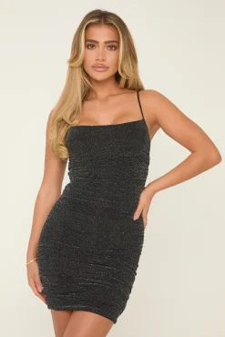 Rebellious Fashion Black Metallic Lurex Ruched Side Mini Dress - Juniper