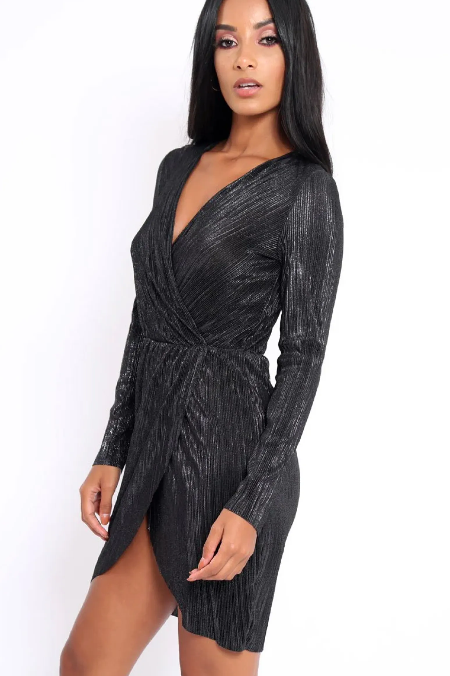 Rebellious Fashion Black Metallic Wrap Front Dress - Angie