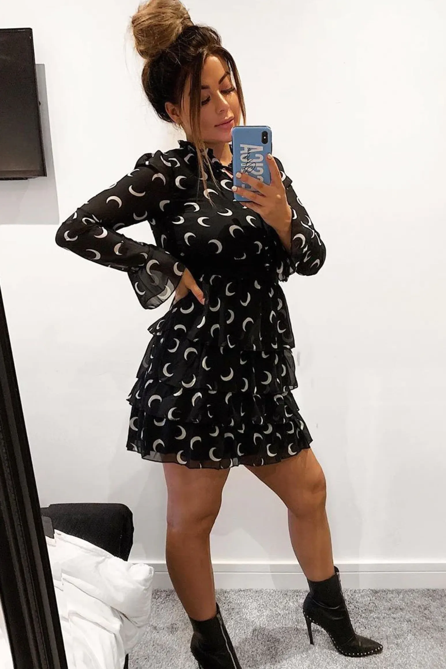 Rebellious Fashion Black Moon Print High Neck Smock Dress - Lella