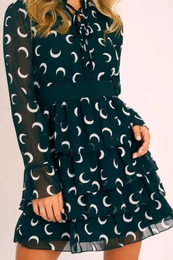 Rebellious Fashion Black Moon Print High Neck Smock Dress - Lella