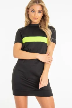 Rebellious Fashion Black Neon Green Stripe Detail T-Shirt Dress - Crystal