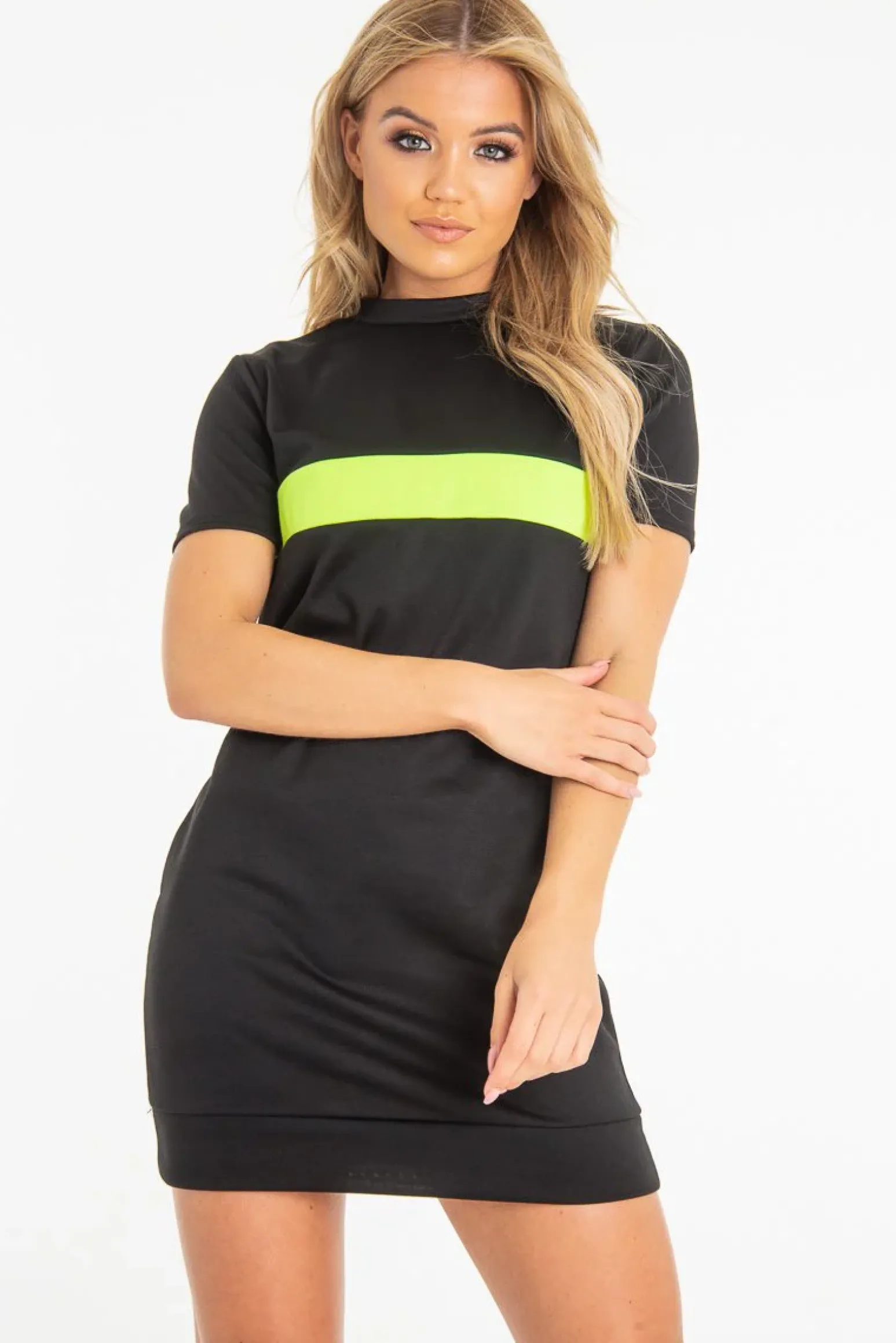 Rebellious Fashion Black Neon Green Stripe Detail T-Shirt Dress - Crystal
