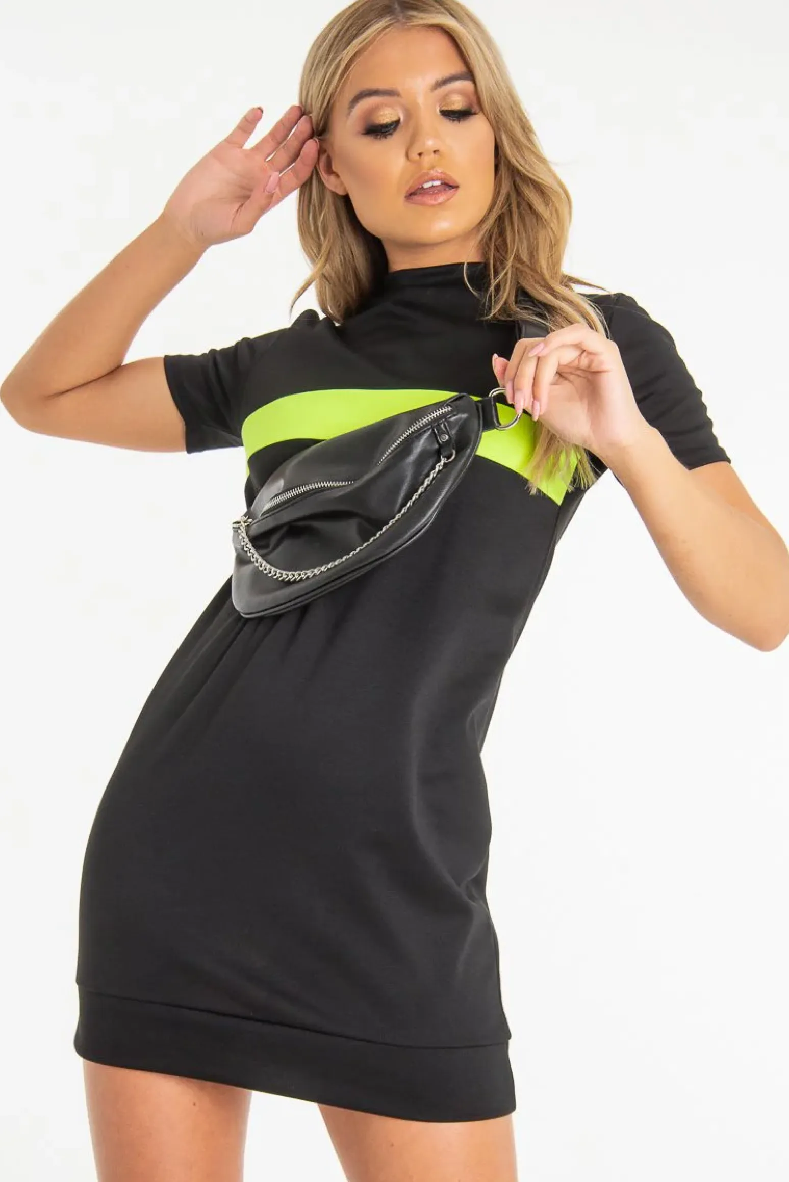 Rebellious Fashion Black Neon Green Stripe Detail T-Shirt Dress - Crystal