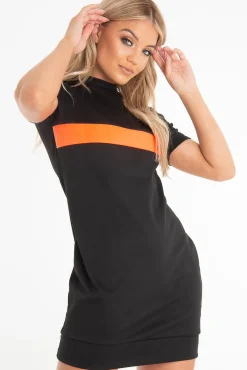 Rebellious Fashion Black Neon Orange Stripe Detail T-Shirt Dress - Crystal