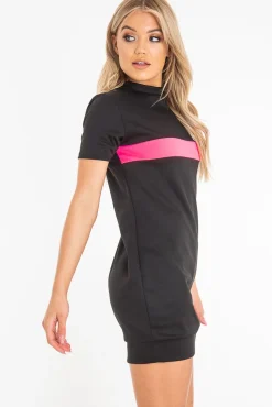 Rebellious Fashion Black Neon Pink Stripe Detail T-Shirt Dress - Crystal