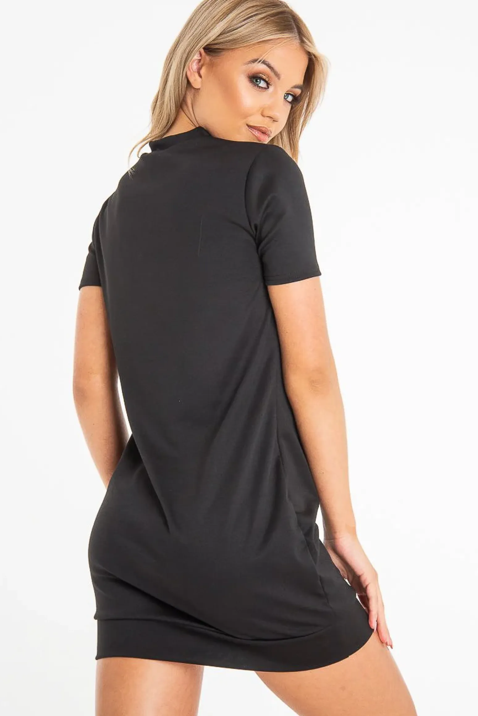 Rebellious Fashion Black Neon Pink Stripe Detail T-Shirt Dress - Crystal