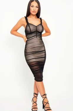 Rebellious Fashion Black Nude Ruched Slinky Midi Dress - Eilish