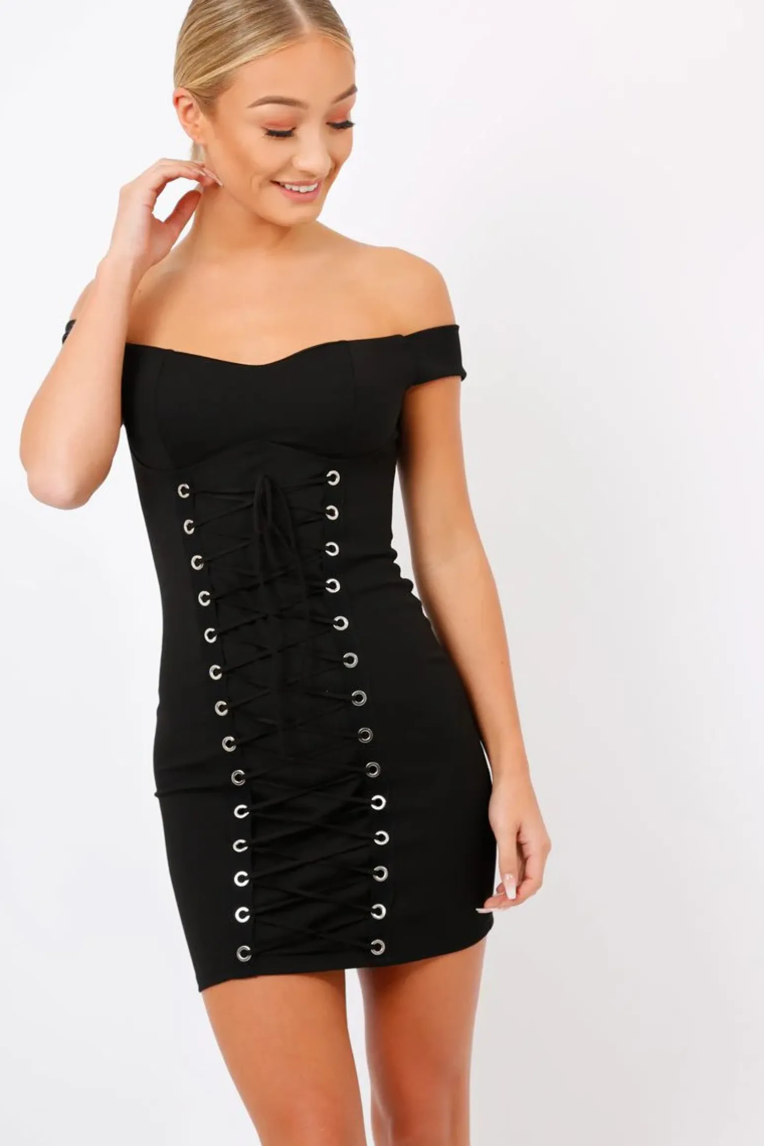Rebellious Fashion Black Off Shoulder Centre Eyelet Dress - Callie