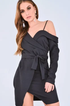 Rebellious Fashion Black Off The Shoulder Blazer Dress - Halia