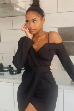 Rebellious Fashion Black Off The Shoulder Blazer Dress - Halia