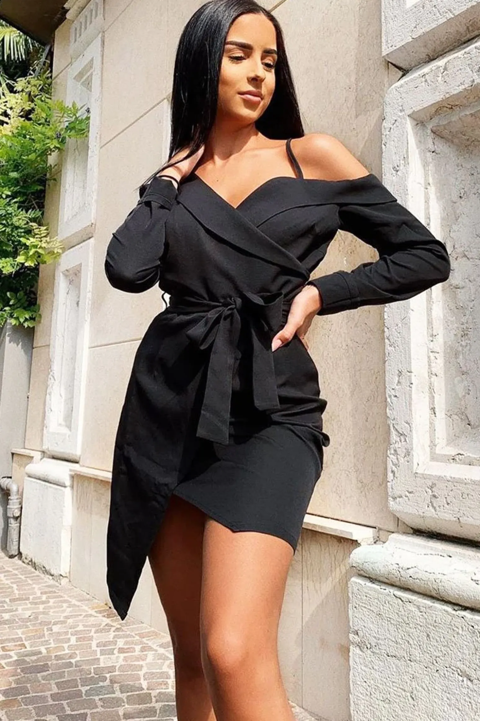 Rebellious Fashion Black Off The Shoulder Blazer Dress - Halia