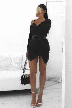 Rebellious Fashion Black Off The Shoulder Blazer Dress - Halia