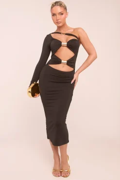 Rebellious Fashion Black One Shoulder Cut Out Metal Trim Midi Dress - Mavis