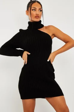 Rebellious Fashion Black One Shoulder High Neck Knit Mini Dress - Elien