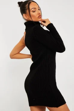 Rebellious Fashion Black One Shoulder High Neck Knit Mini Dress - Elien