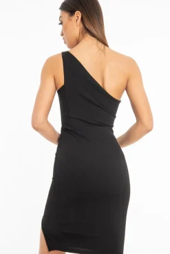 Rebellious Fashion Black One Shoulder Midi Dress - Merlie