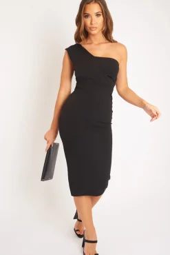 Rebellious Fashion Black One Shouldered Wrap Front Midi Dress - Kirtsy