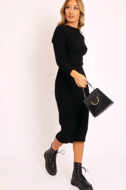 Rebellious Fashion Black Open Twist Back Midi Bodycon Jumper Dress - Karrah