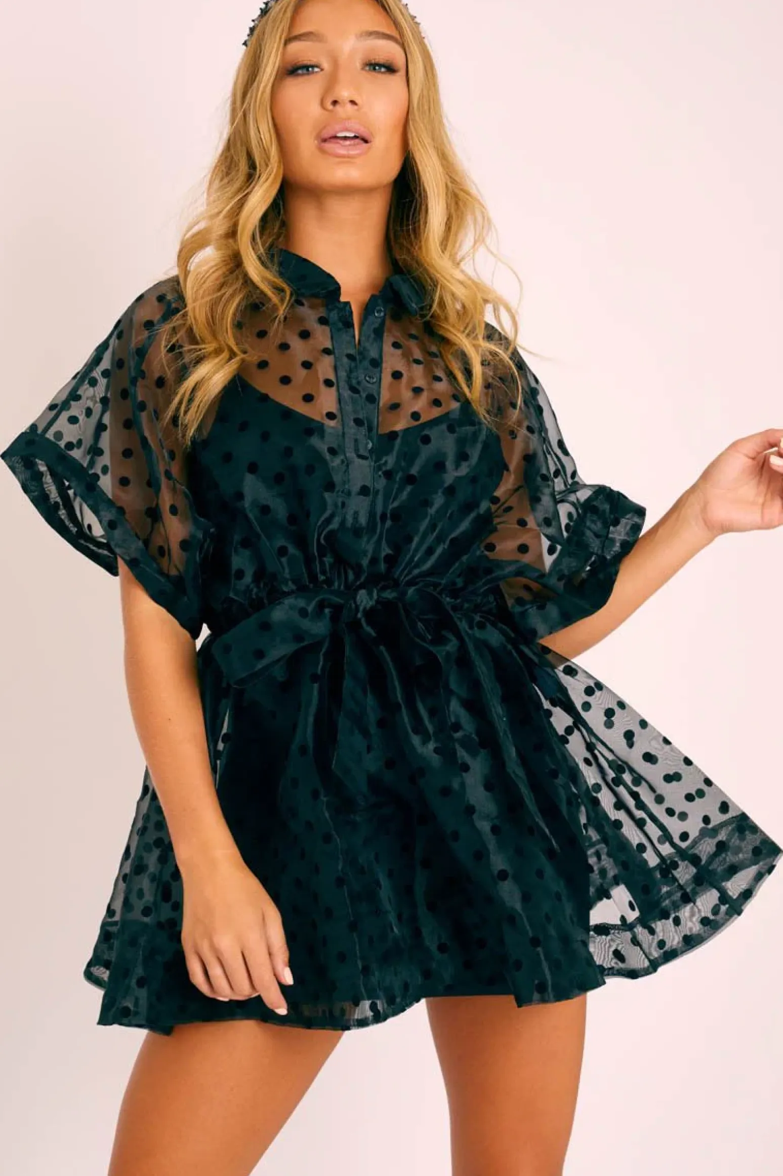 Rebellious Fashion Black Organza Polka Slip Insert Shirt Dress - Nathalia