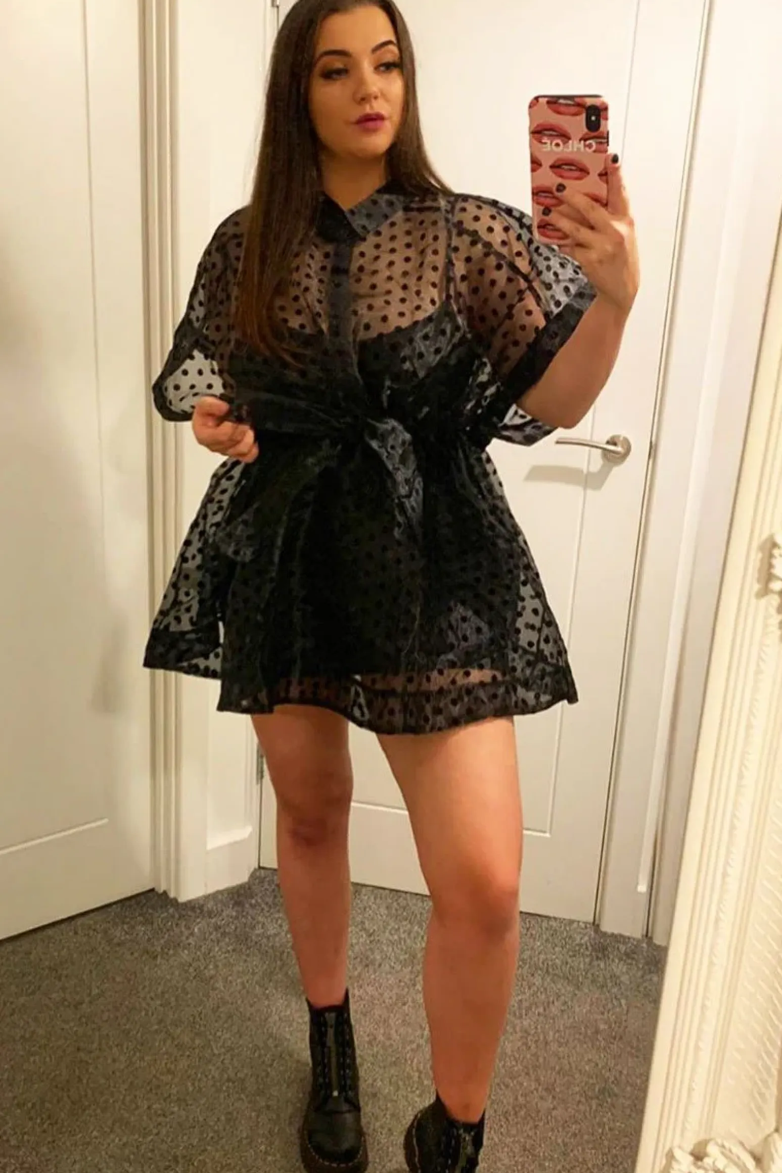Rebellious Fashion Black Organza Polka Slip Insert Shirt Dress - Nathalia