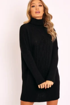 Rebellious Fashion Black Oversized Knitted Turtle Neck Jumper Dress - Freyah